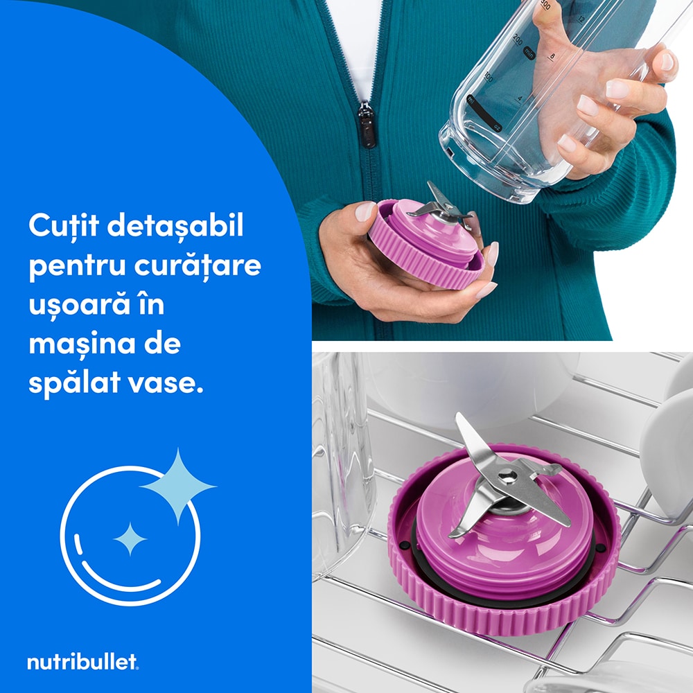 Blender portabil NUTRIBULLET Flex NBP013VT, 0.59l, 1 treapta viteza, USB-C, mov