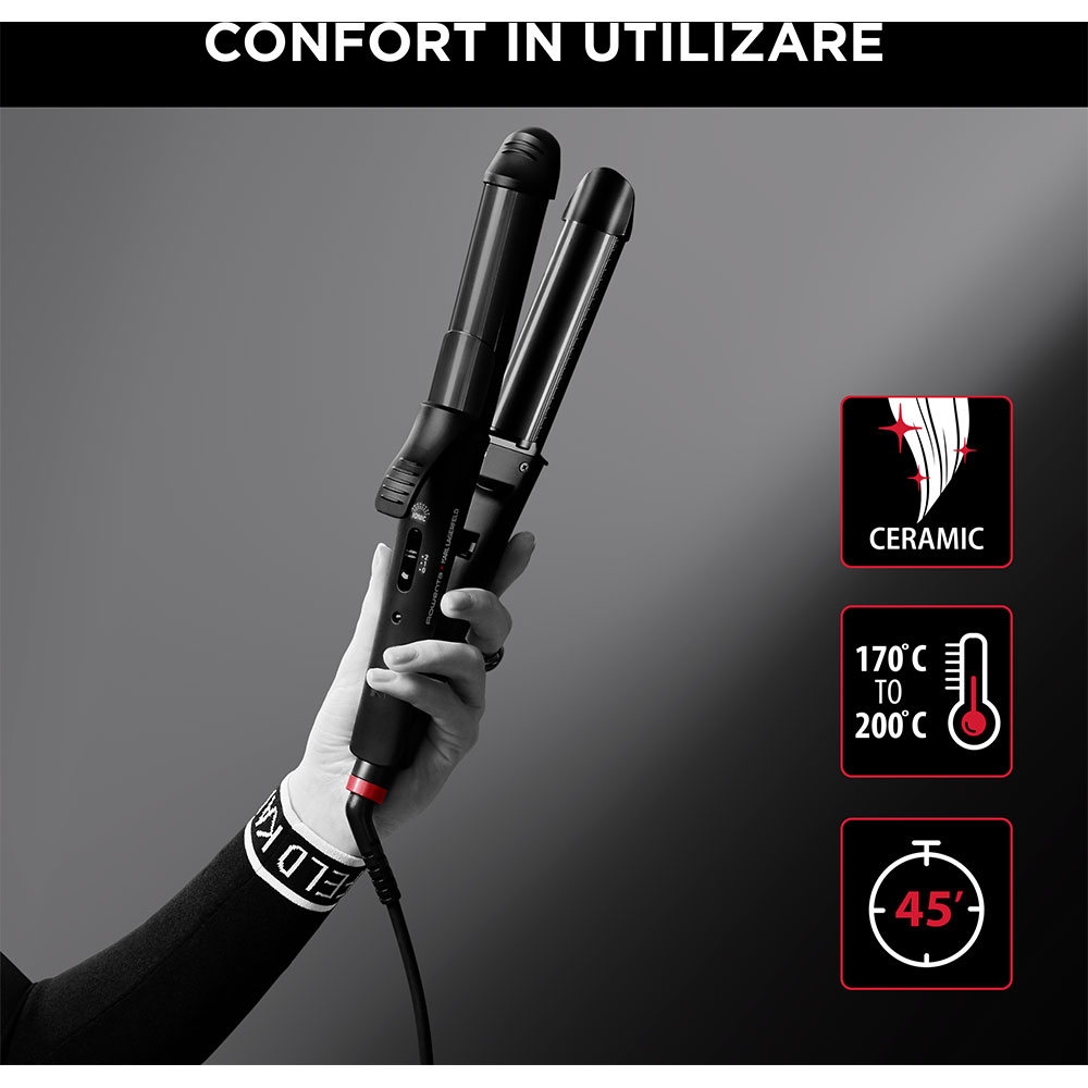 Aparat de coafat multifunctional 3 in 1 ROWENTA x KARL LAGERFELD CF451LF0, 200 grade, invelis ceramic, negru