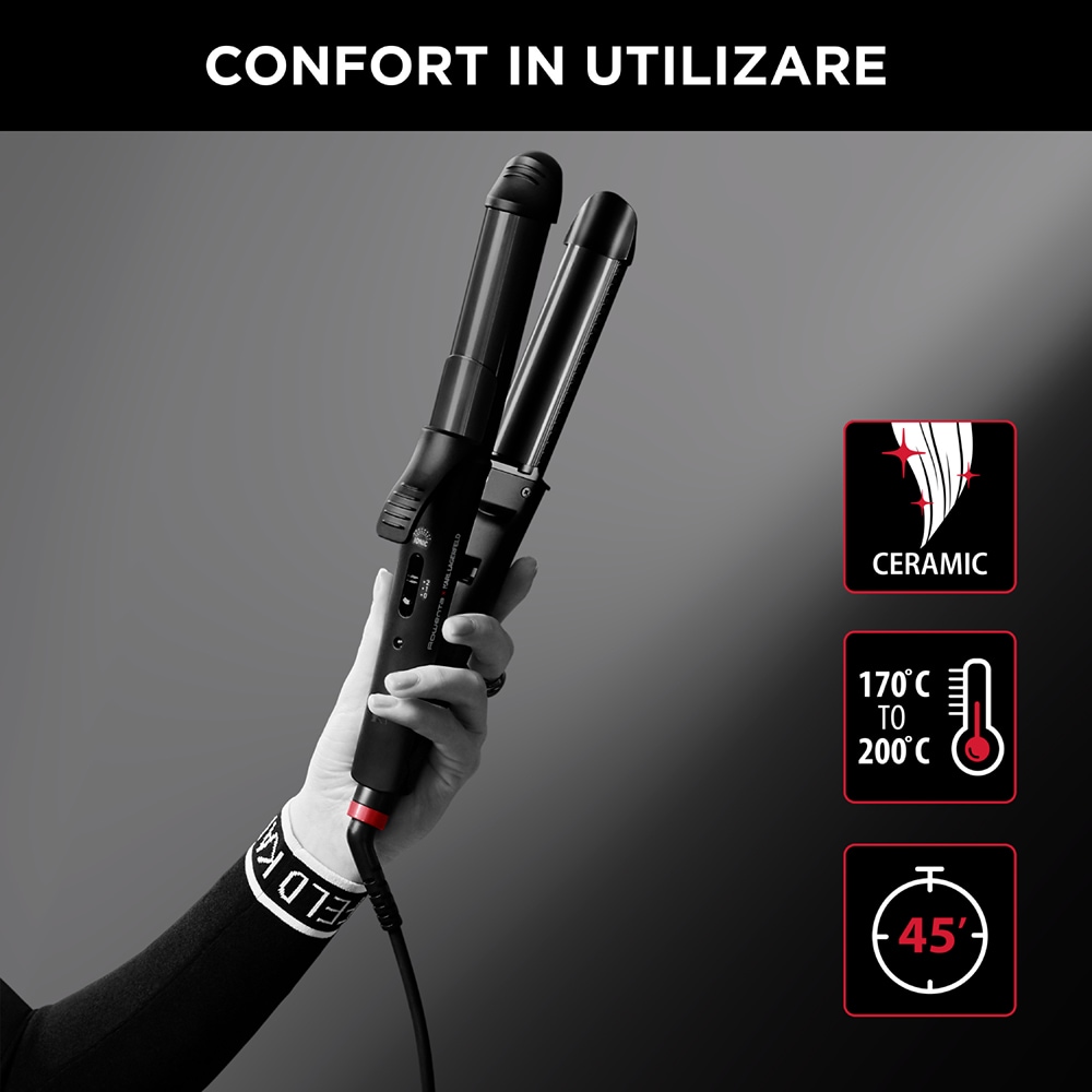 Aparat de coafat multifunctional 3 in 1 ROWENTA x KARL LAGERFELD CF451LF0, 200 grade, invelis ceramic, negru