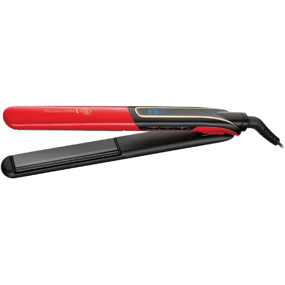 Placa de indreptat parul REMINGTON Sleek & Curl Expert Manchester United Edition S6755, 230 grade, LCD, invelis ceramic, rosu-negru
