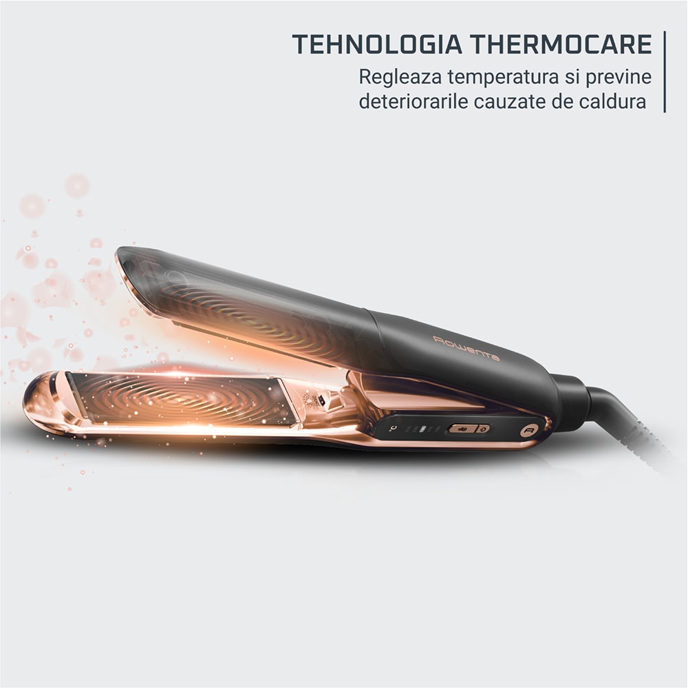 Placa de indreptat parul ROWENTA Thermocare SF8120F0, 240 grade, invelis ceramic, negru-auriu