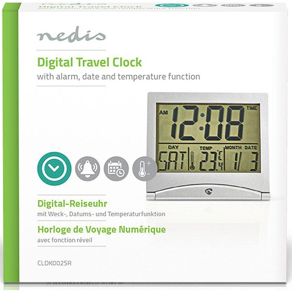 Ceas desteptator digital NEDIS CLDK002SR, Afisaj LCD, pliabil, argintiu