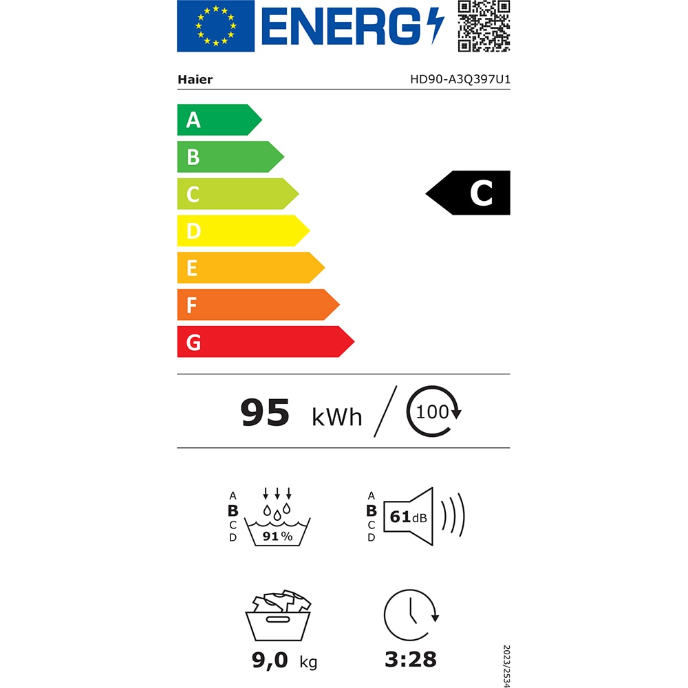 Uscator de rufe HAIER HD90-A3Q397U1-S, Pompa de caldura, 9 kg, 17 programe, Clasa C, Wi-Fi, alb