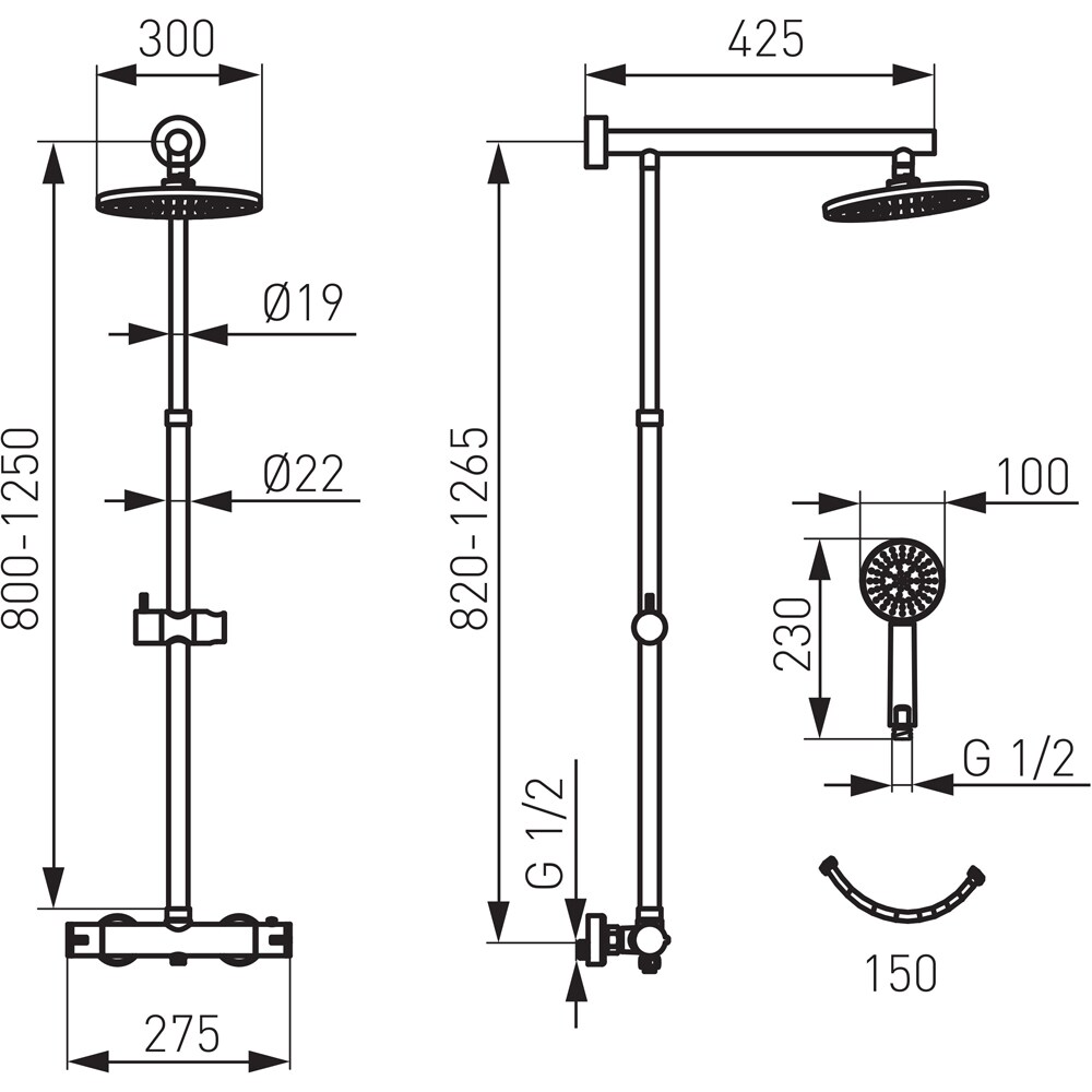 Sistem dus FERRO Trevi NP75-TRV7U-GM, termostat, 3 functii, negru mat
