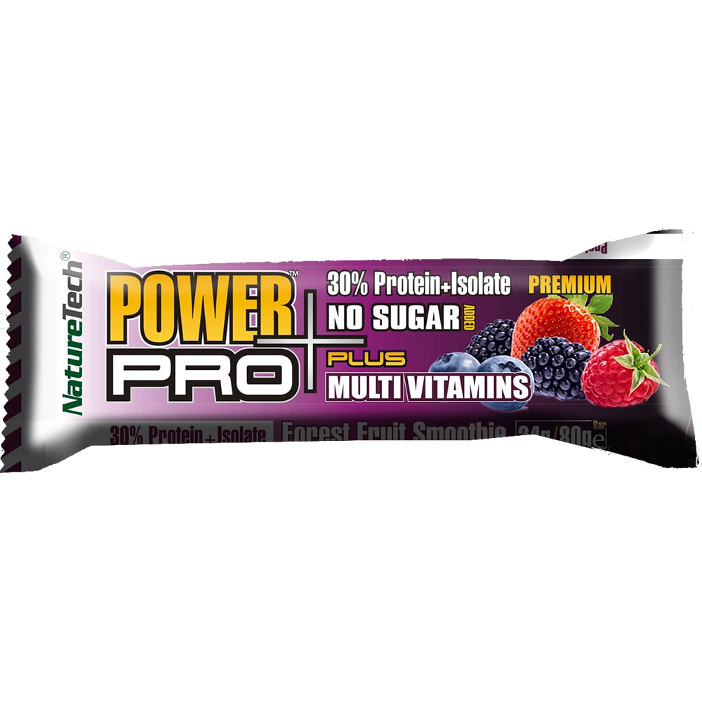 Baton energizant Power Pro Plus cu fructe de padure, fara zahar, 30% proteina, 12 buc x 80 g, NATURE TECH