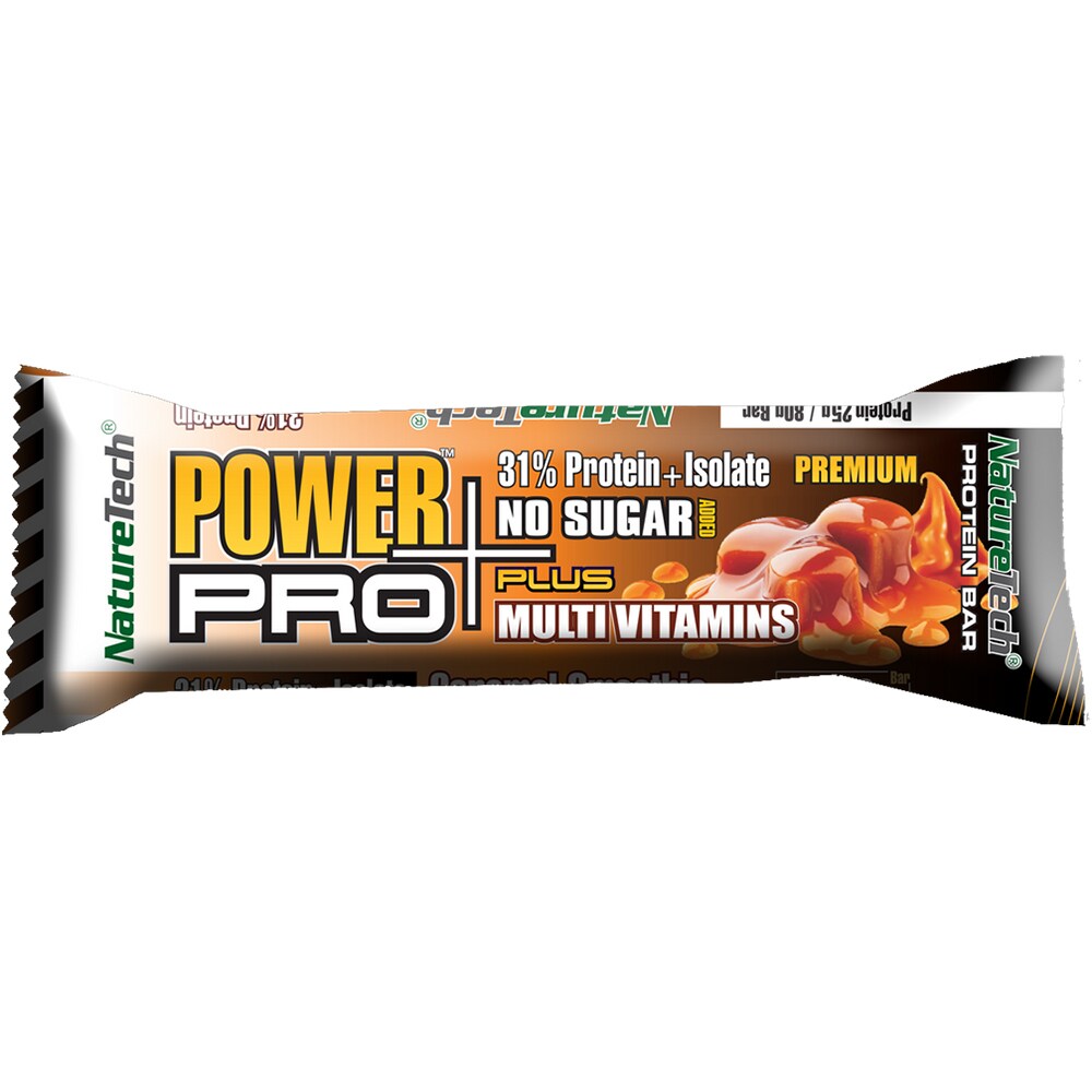 Baton energizant Power Pro Plus cu caramel, fara zahar, 31% proteina, 12 buc x 80 g, NATURE TECH