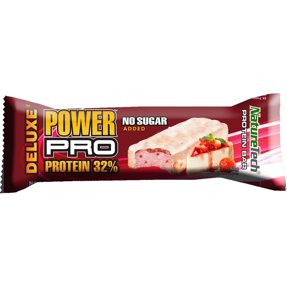 Baton energizant Power Pro Deluxe cu capsuni si cheesecake, 32% proteina, 24 buc x 80 g, NATURE TECH