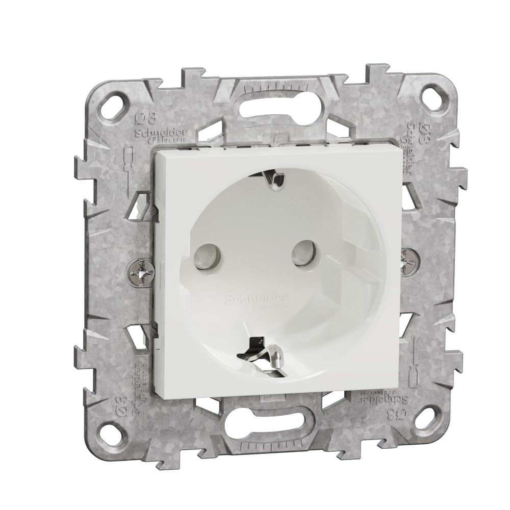 Priza SCHNEIDER Noua Unica NU503718Z, 2P+E 16A, IP20, Obturatoare, Suport fixare si gheare, alb