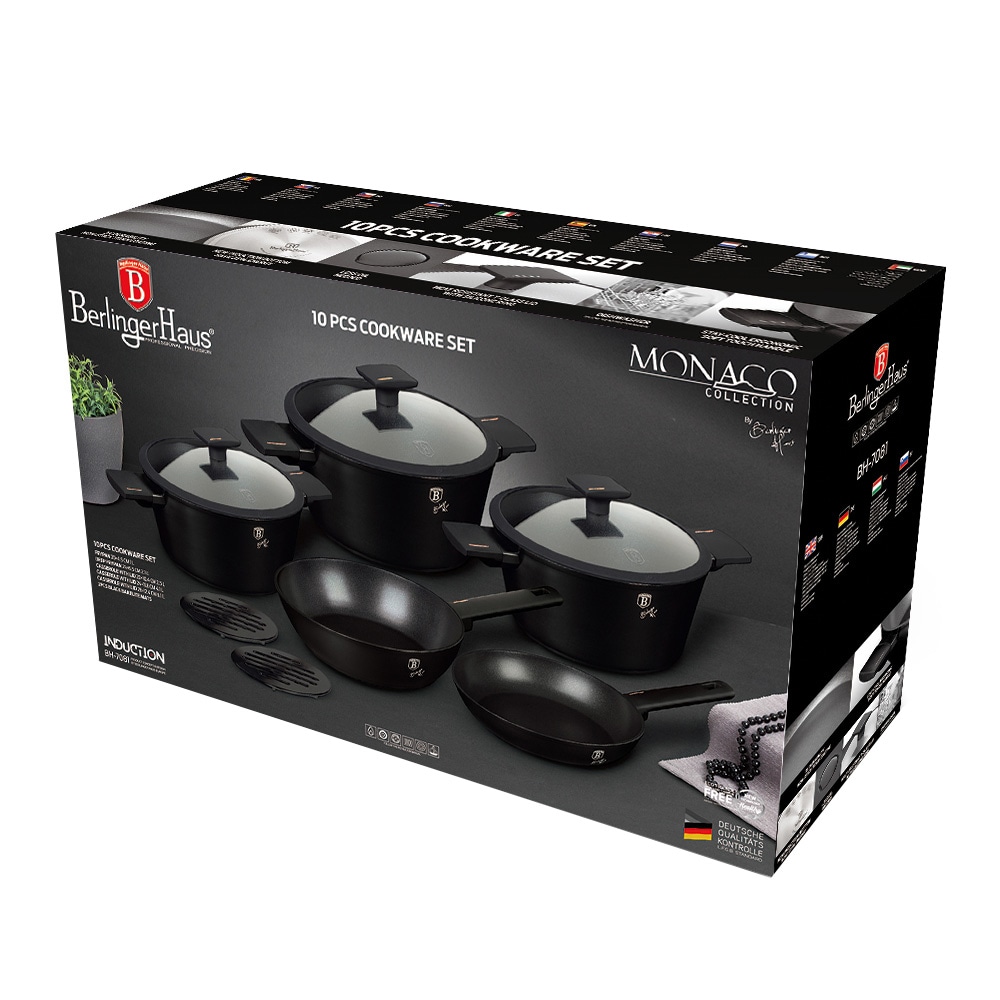 Set vase BERLINGER HAUS Monaco Collection BH7081, 10 piese, 1-6.1l, 20-28cm, aluminiu, negru