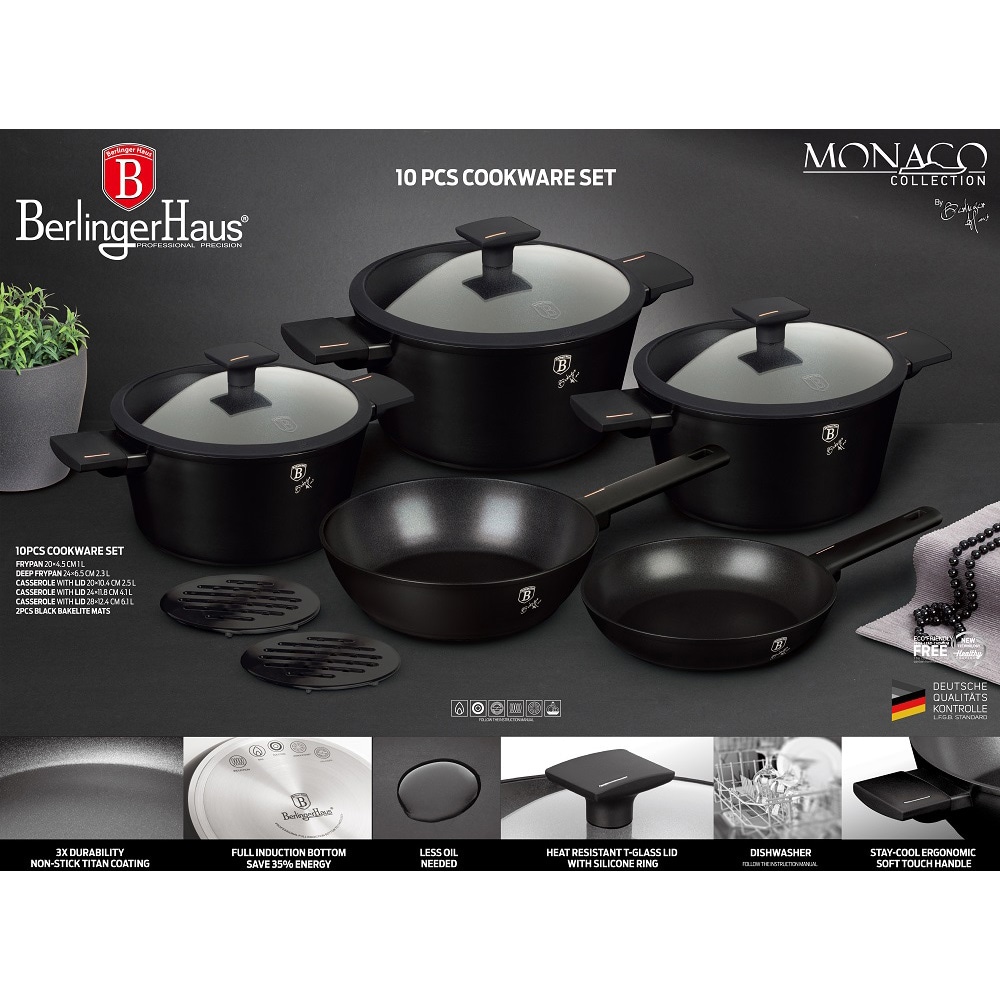 Set vase BERLINGER HAUS Monaco Collection BH7081, 10 piese, 1-6.1l, 20-28cm, aluminiu, negru