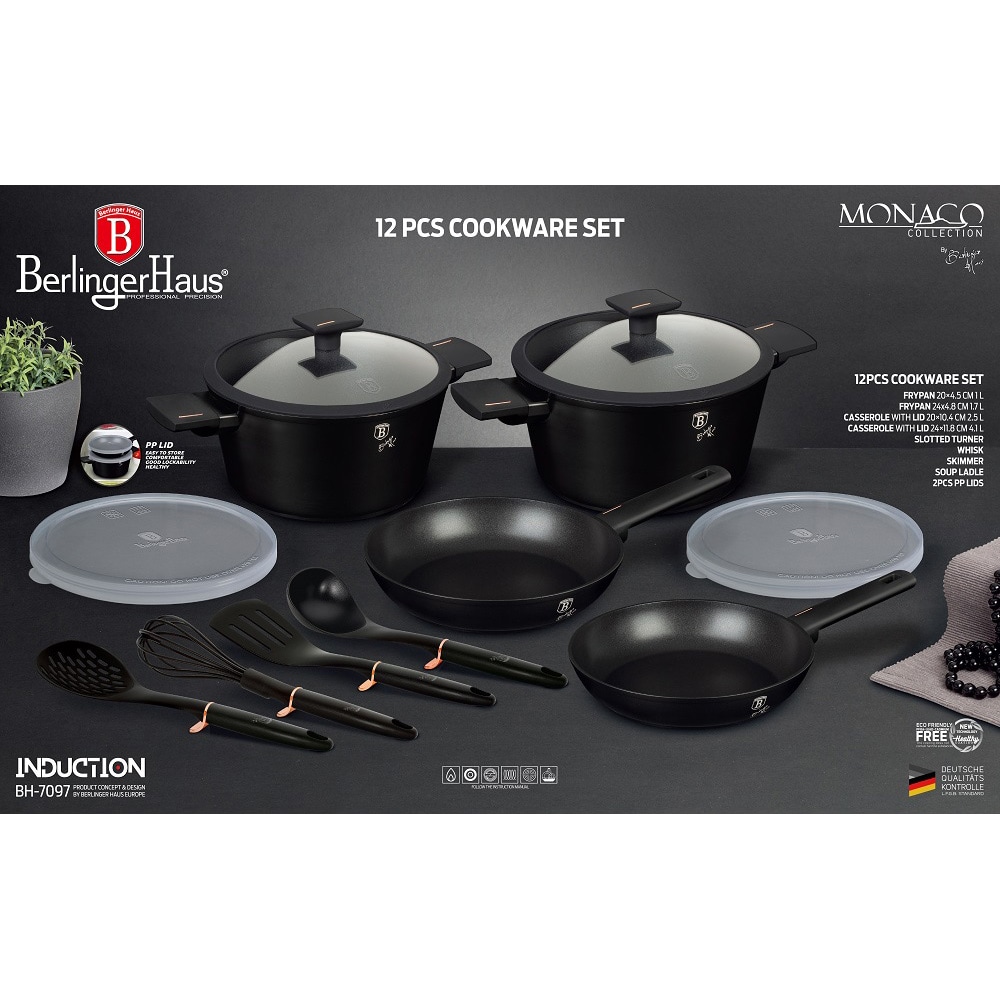 Set vase BERLINGER HAUS Monaco Collection BH7097, 12 piese, 1-4.1l, 20-24cm, aluminiu, negru