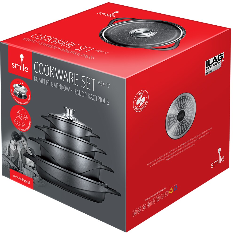 Set de oale SMILE Ilag Basic MGK-17, 8 piese, 1.5-6.5l, 16-24cm, aluminiu, negru