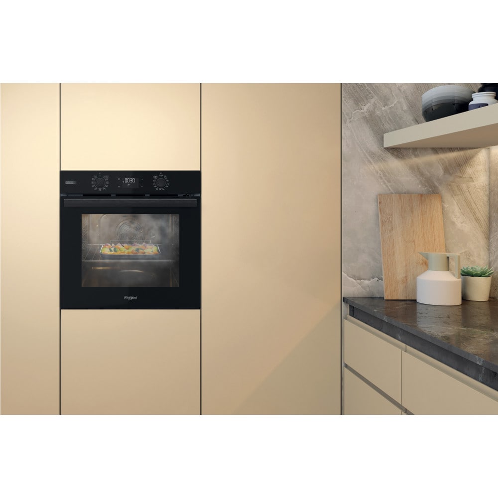 Cuptor incorporabil WHIRLPOOL OMSR58RU1SB, Electric, Gatire cu abur, Autocuratare pirolitica + hidrolitica, 71 l, Clasa A+, negru