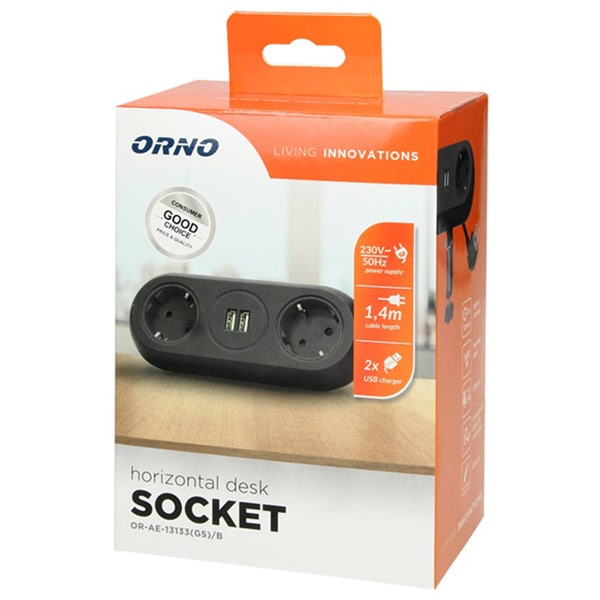 Prelungitor ORNO OR-AE-13133(GS)/B, 2 prize, 2 x USB, 1.4m, montaj incastrabil, negru
