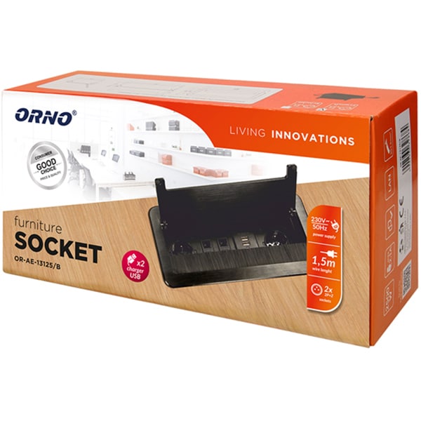 Prelungitor ORNO OR-AE-13125/B(GS), 2 prize, 2 x USB, 1.5m, montaj incastrabil, negru