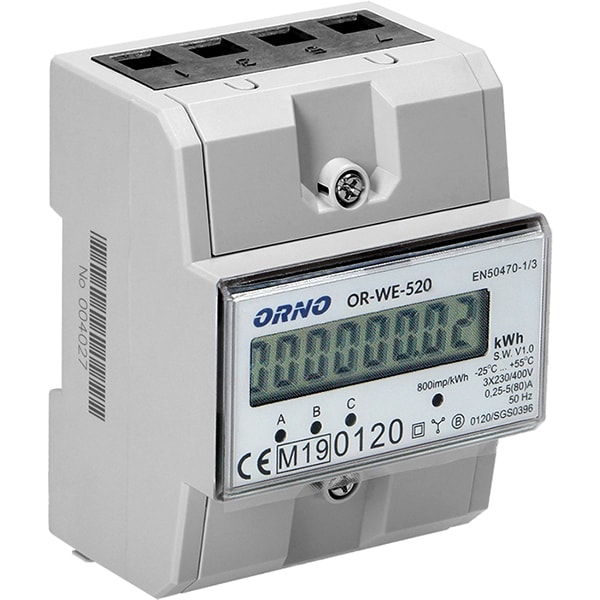 Contor trifazat ORNO OR-WE-520, 80A, 230V, IP20, alb