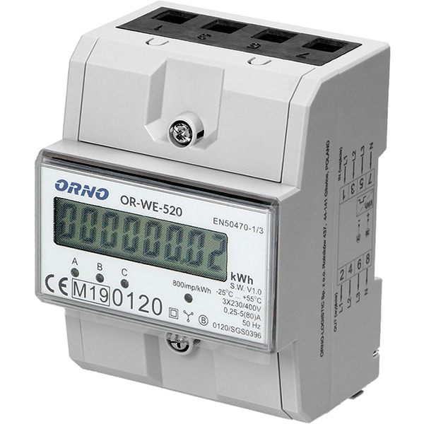 Contor trifazat ORNO OR-WE-520, 80A, 230V, IP20, alb