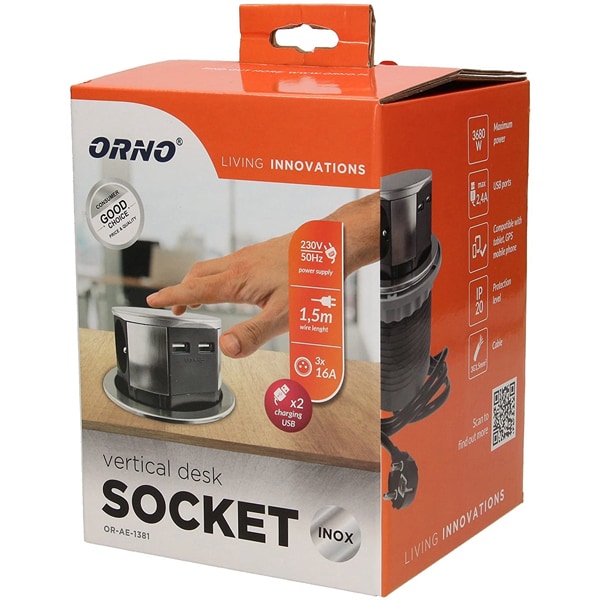 Prelungitor ORNO OR-AE-1381(GS), 3 prize, 2 x USB, 1.5m, montaj incastrabil, negru