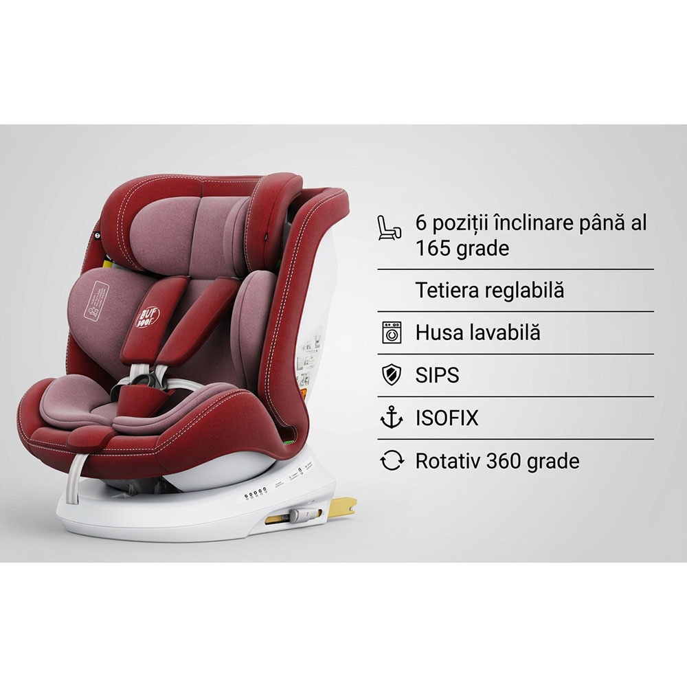 Scaun auto BUF BOOF P100 Plus rotativ 360 grade P100RED, Isofix, 0-36 kg, R129, rosu