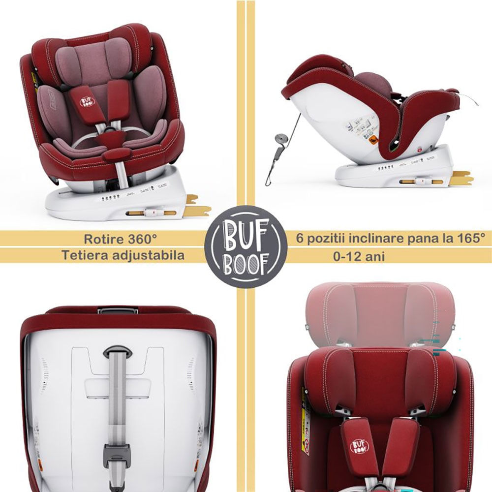 Scaun auto BUF BOOF P100 Plus rotativ 360 grade P100RED, Isofix, 0-36 kg, R129, rosu