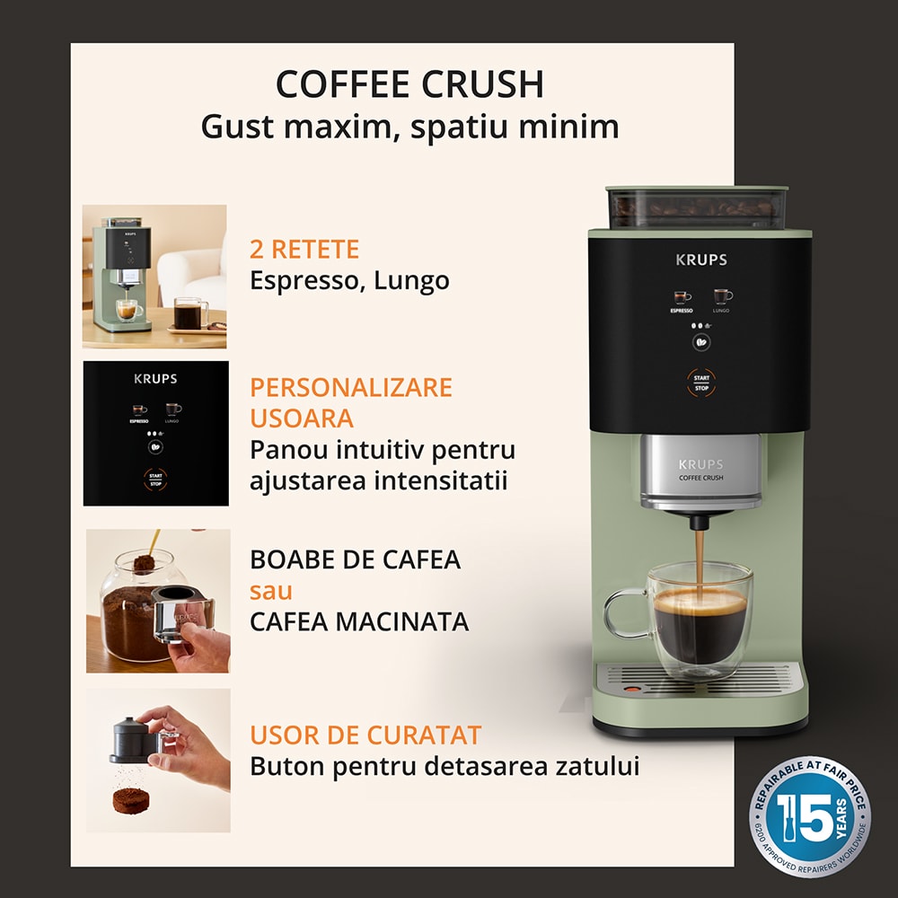 Espressor semi-automat KRUPS Coffee Crush SA401LE0, 1.8l, 1350W, 15 bar, verde-negru