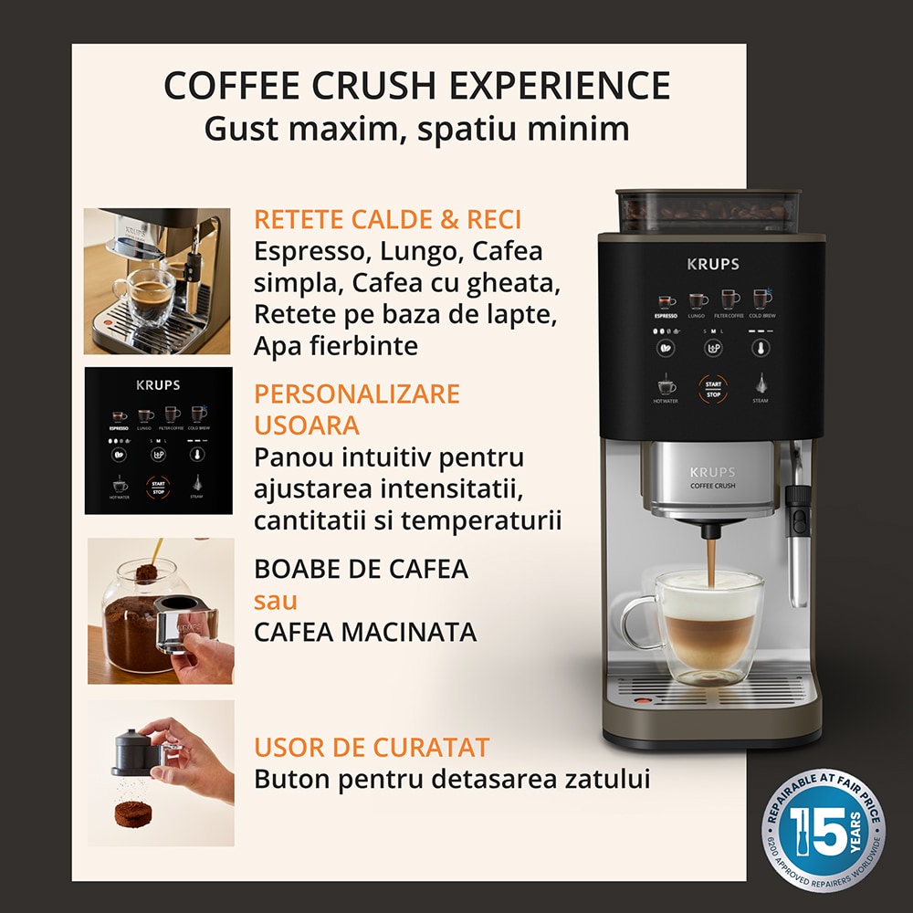 Espressor semi-automat KRUPS Coffee Crush Experience SA403BE0, 1.8l, 1350W, 15 bar, bej-negru
