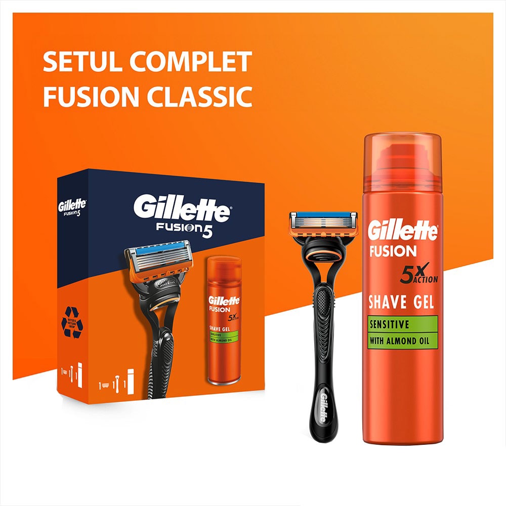 Set ingrijire ten GILLETTE Fusion5: Aparat de ras + Gel de ras Fusion Ultra Sensitive, 200ml