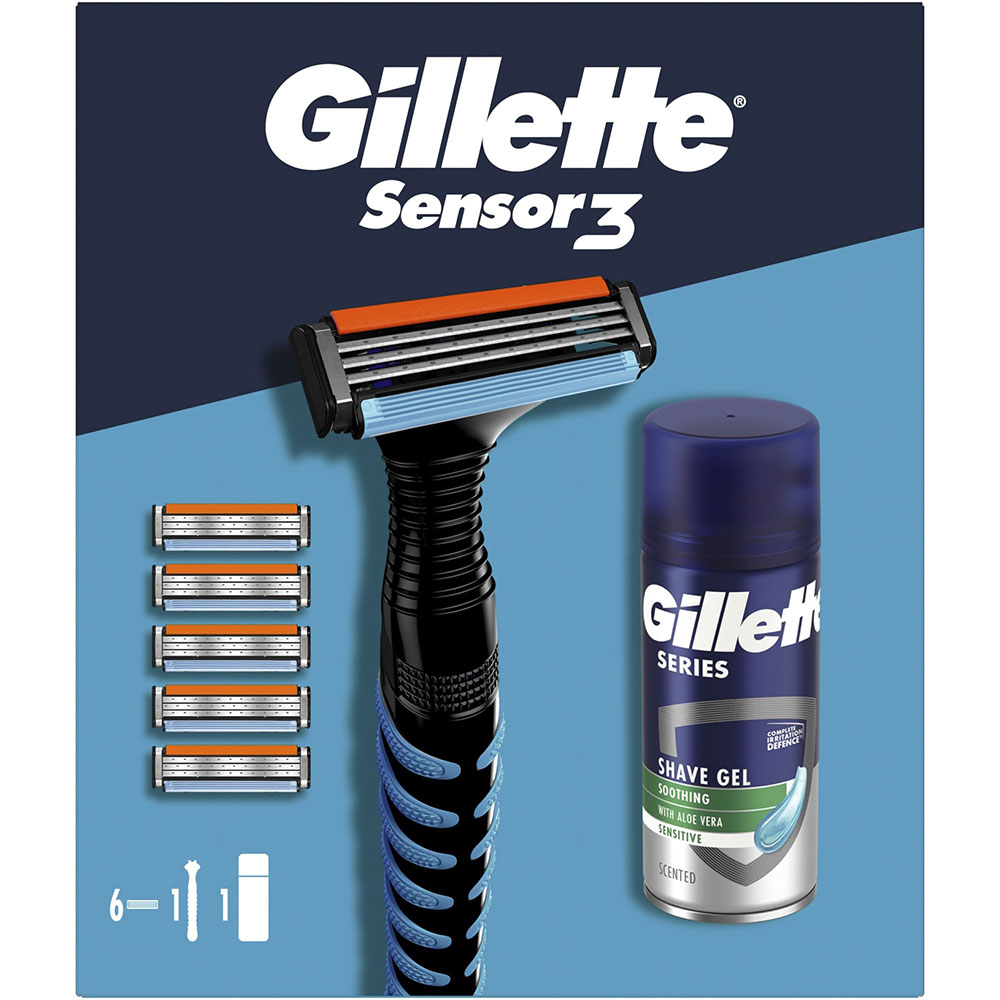 Set ingrijire GILLETTE Sensor3: Aparat de ras + 5 rezerve + Gel de ras Sensitive, 75ml