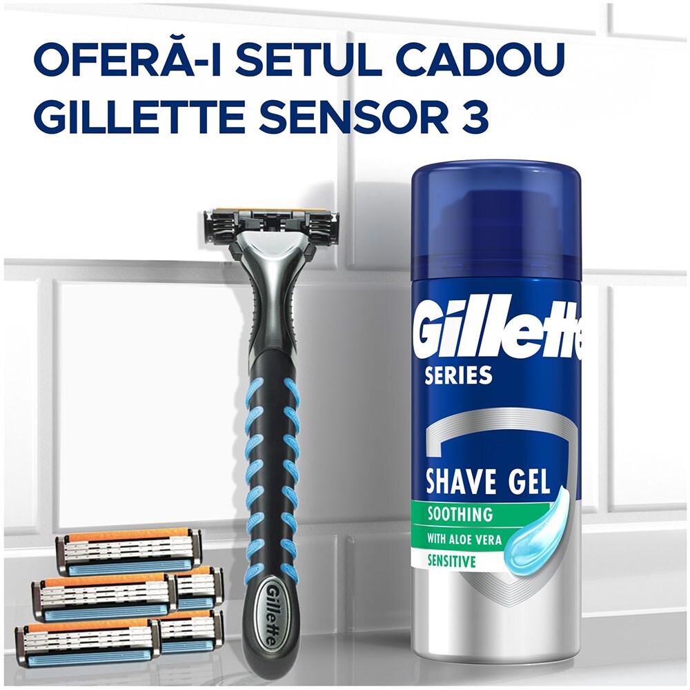 Set ingrijire GILLETTE Sensor3: Aparat de ras + 5 rezerve + Gel de ras Sensitive, 75ml