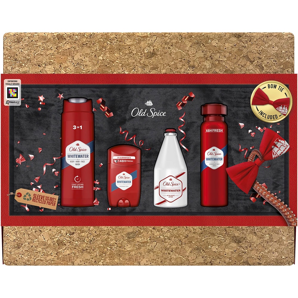 Set ingrijire corp OLD SPICE Whitewater: Gel de dus 3 in 1, 250ml + Deodorant stick, 50ml + Deodorant spray, 150ml + Aftershave, 100ml + Papion