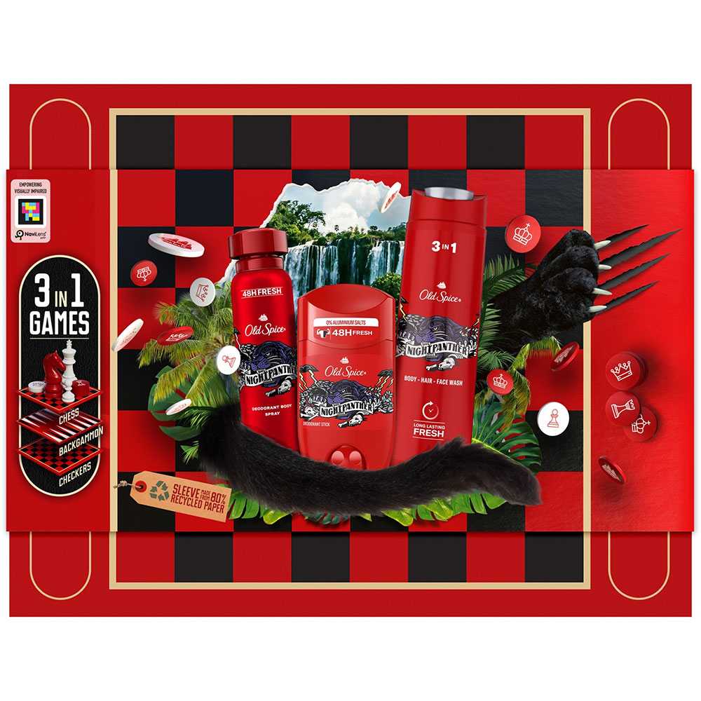 Set cadou OLD SPICE Nightpanther Gambox: Gel de dus 3 in 1, 400ml + Deodorant stick, 50ml + Deodorant spray, 150ml + 3 jocuri de societate