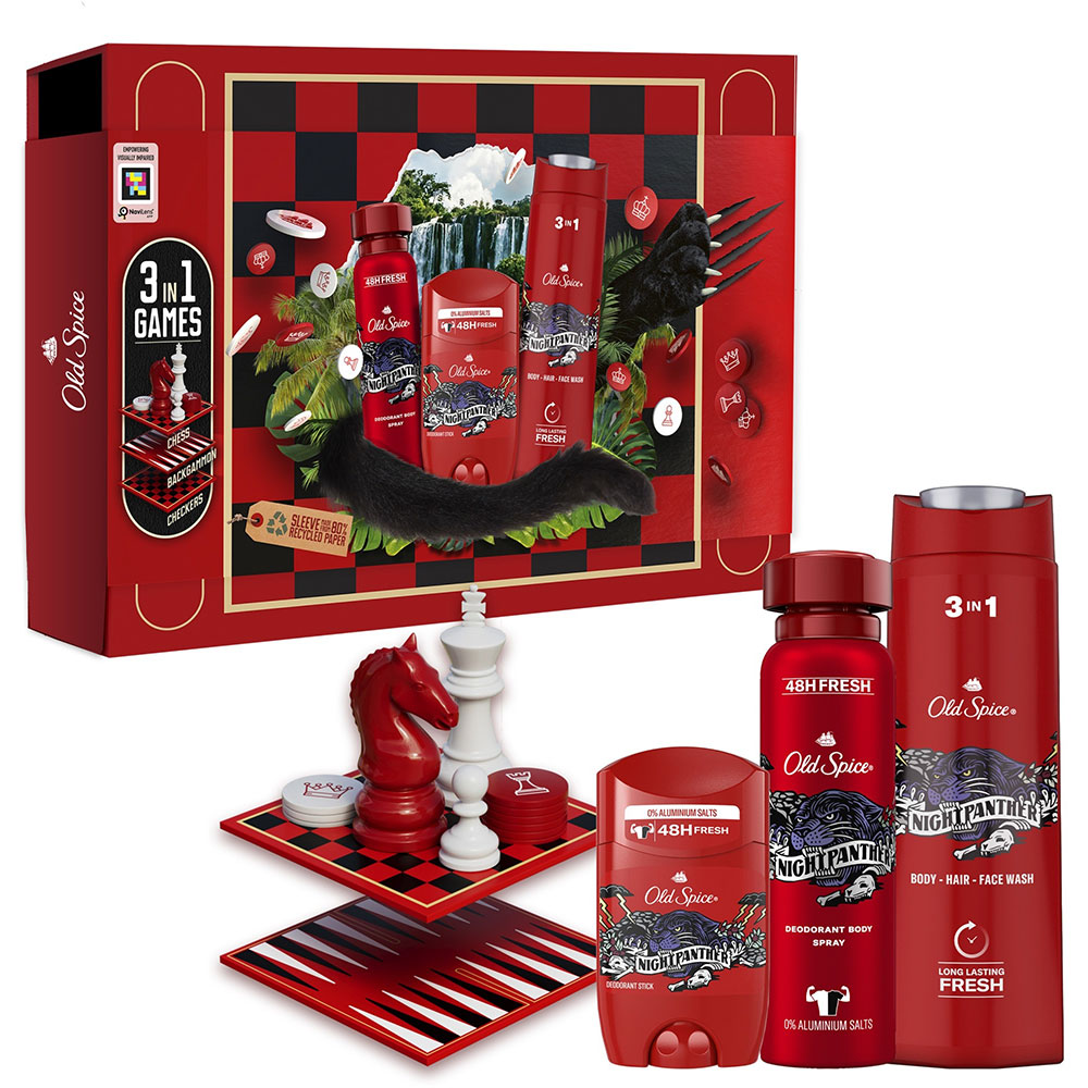 Set cadou OLD SPICE Nightpanther Gambox: Gel de dus 3 in 1, 400ml + Deodorant stick, 50ml + Deodorant spray, 150ml + 3 jocuri de societate