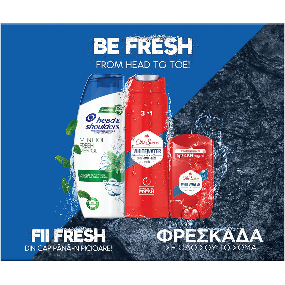 Set ingrijire par HEAD&SHOULDERS: Sampon Menthol, 225ml + Gel de dus OLD SPICE Whitewater, 250ml + Deodorant stick OLD SPICE Whitewater, 50ml