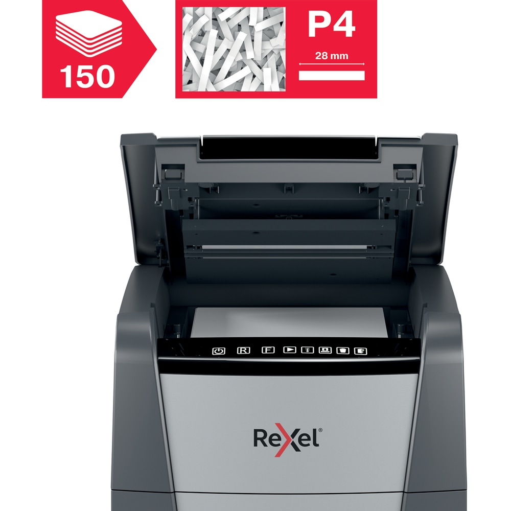Distrugator documente automat REXEL OPTIMUM 150X, 150 coli, 44l, Cross-Cut, negru-gri