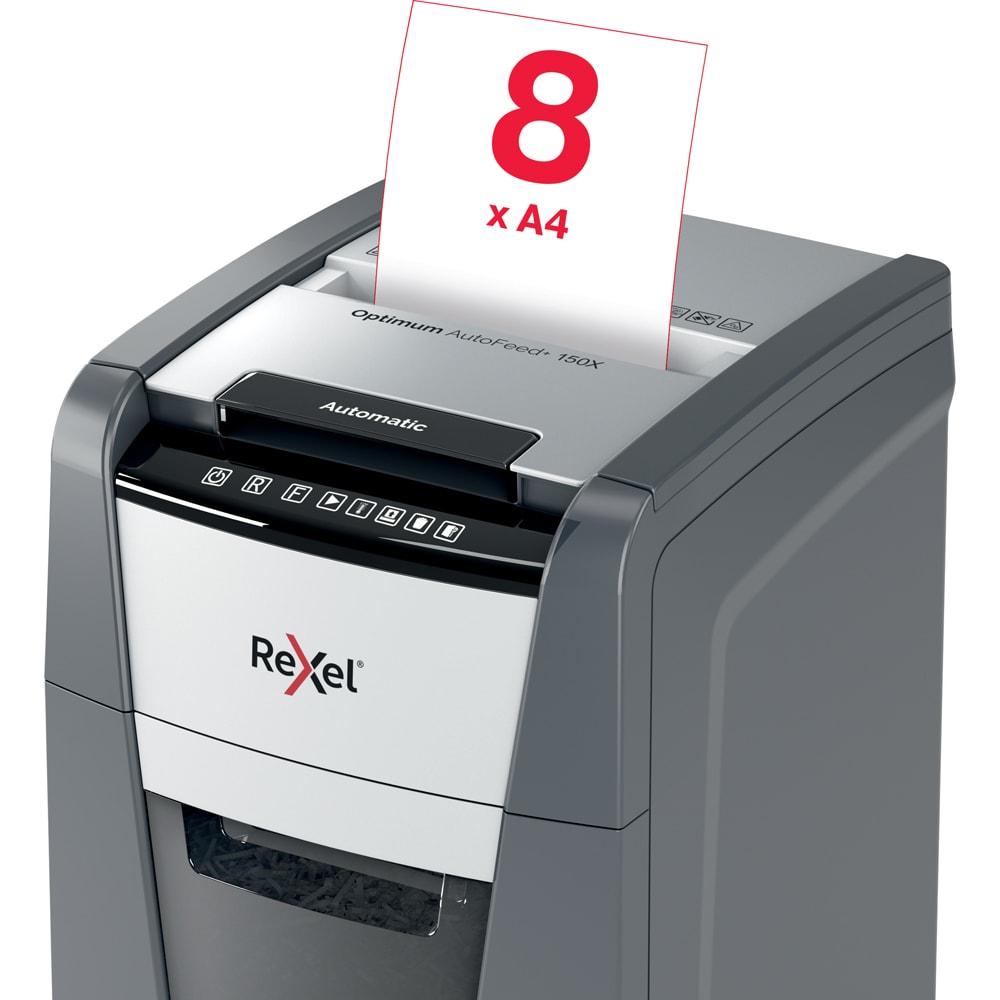 Distrugator documente automat REXEL OPTIMUM 150X, 150 coli, 44l, Cross-Cut, negru-gri