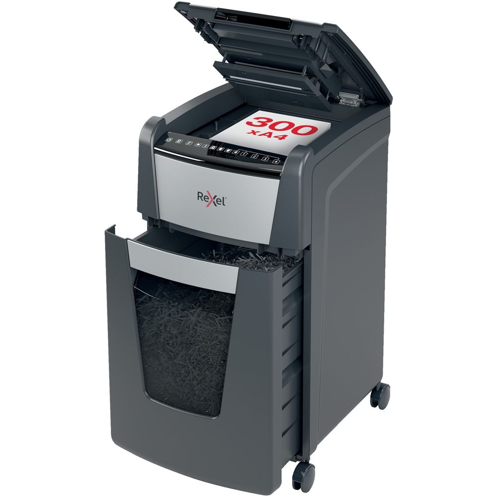 Distrugator documente automat REXEL OPTIMUM 300X, 300 coli, 60l, Cross-cut, negru-gri
