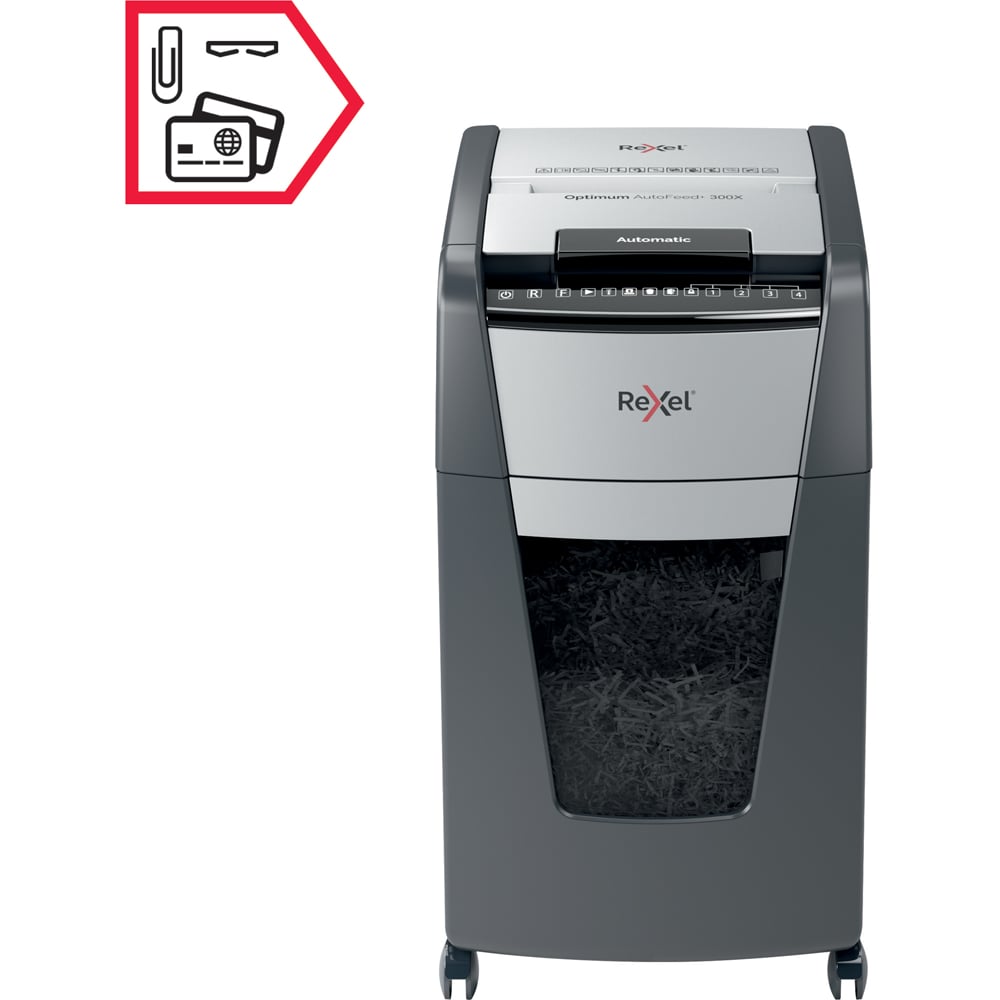 Distrugator documente automat REXEL OPTIMUM 300X, 300 coli, 60l, Cross-cut, negru-gri