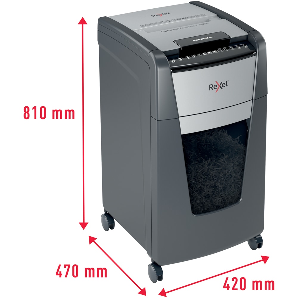 Distrugator documente automat REXEL OPTIMUM 300X, 300 coli, 60l, Cross-cut, negru-gri