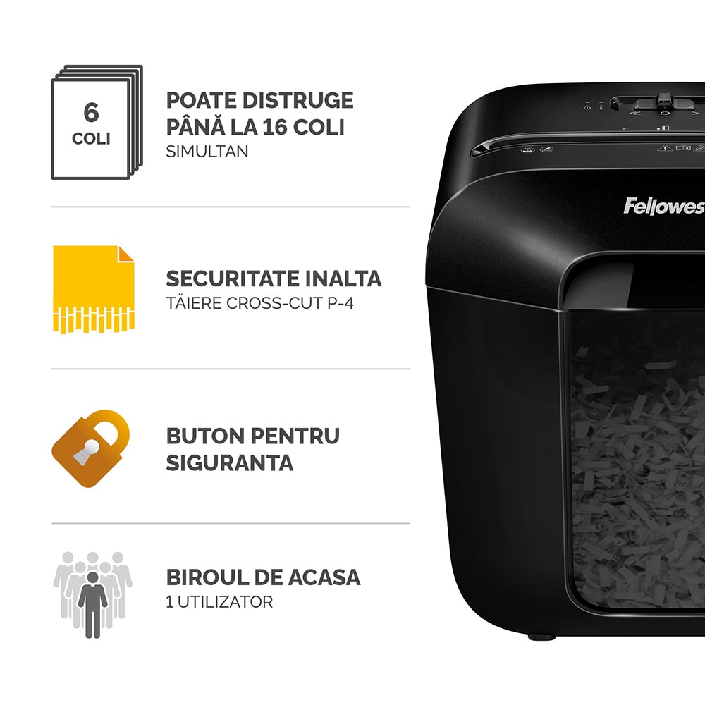 Distrugator documente manual FELLOWES Powershred LX25, 6 coli, 11.5l, Cross-Cut, negru