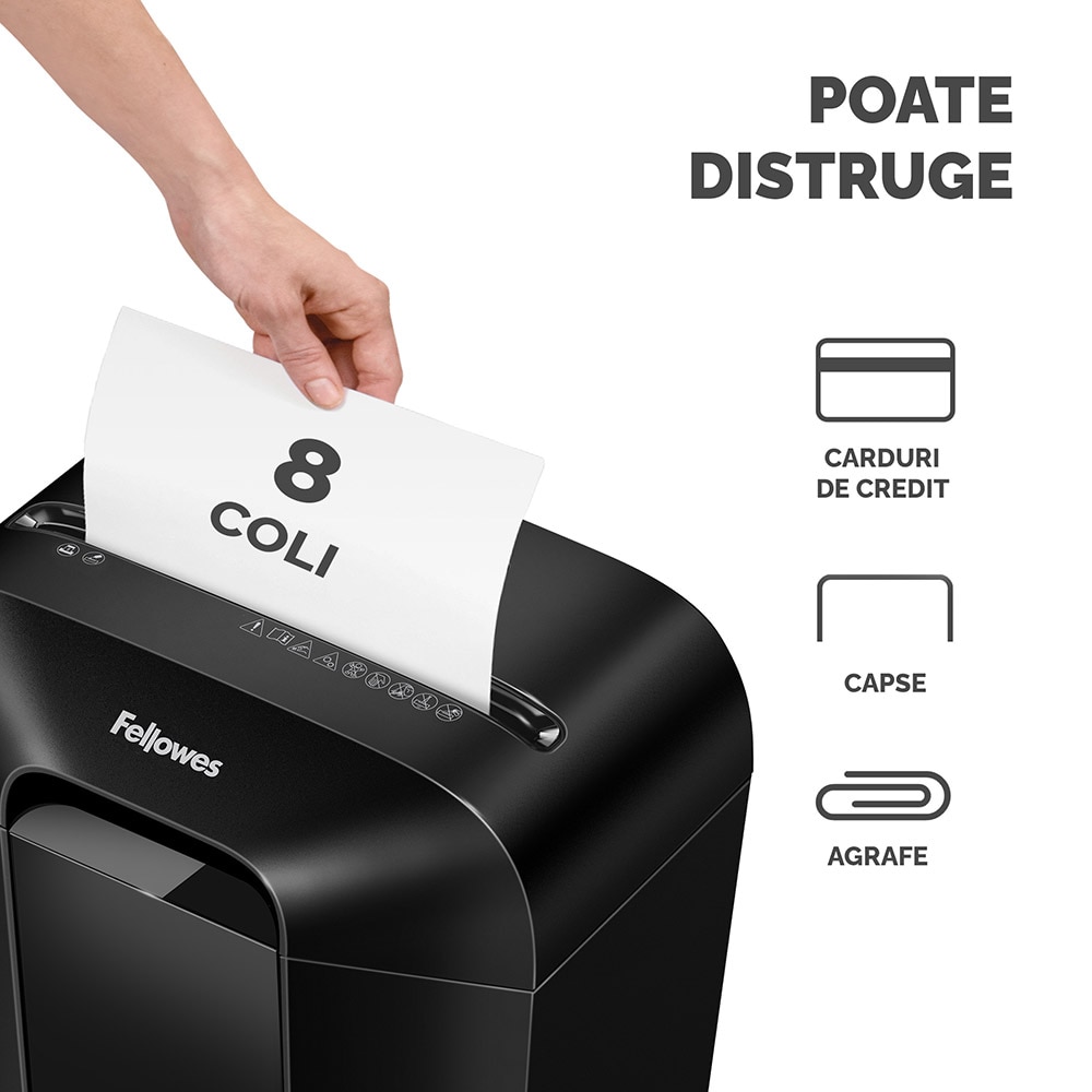 Distrugator documente manual FELLOWES Powershred LX41M, 8 coli, 17l, Micro-Cut, negru