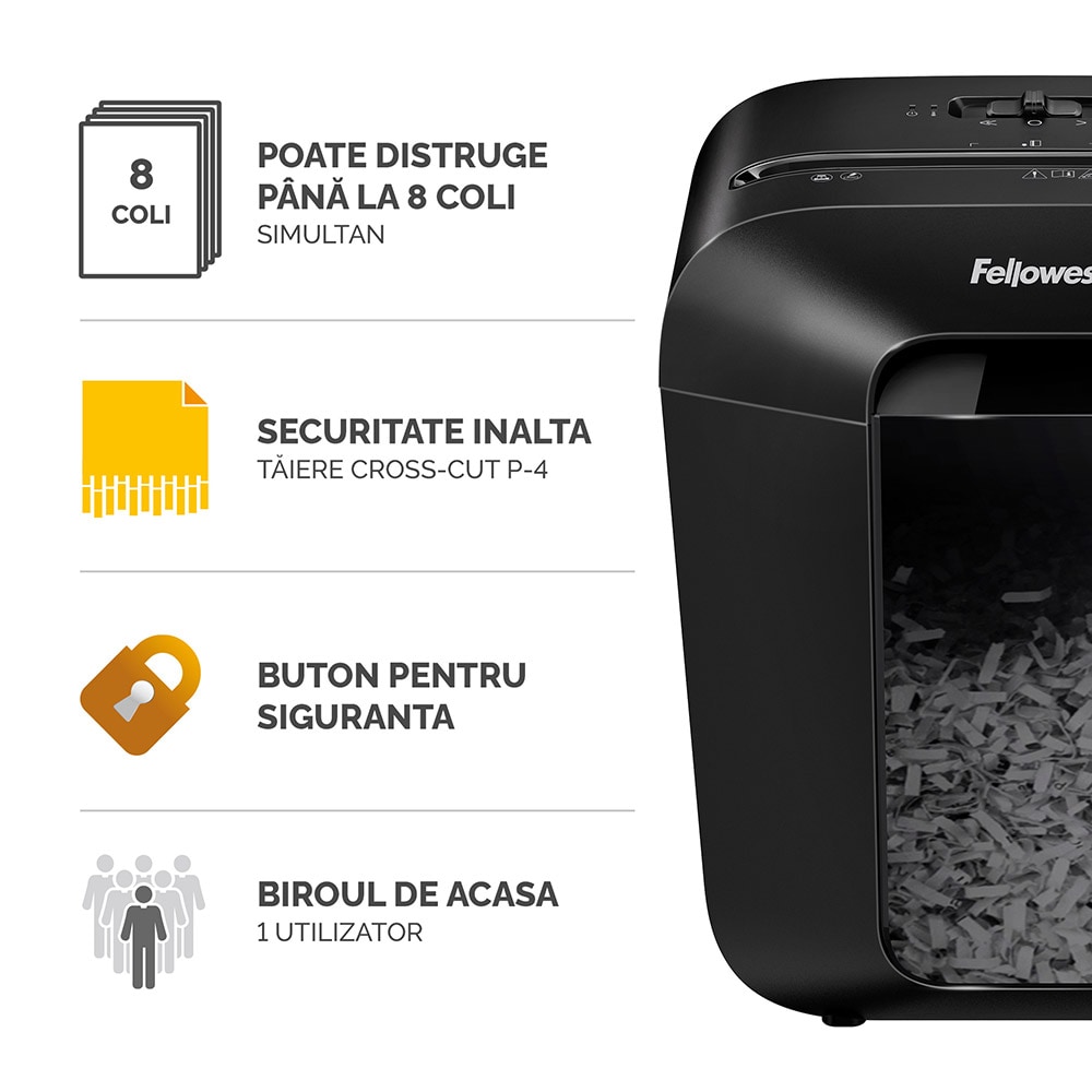 Distrugator documente manual FELLOWES LX45, 8 coli, 17l, Cross-Cut, negru