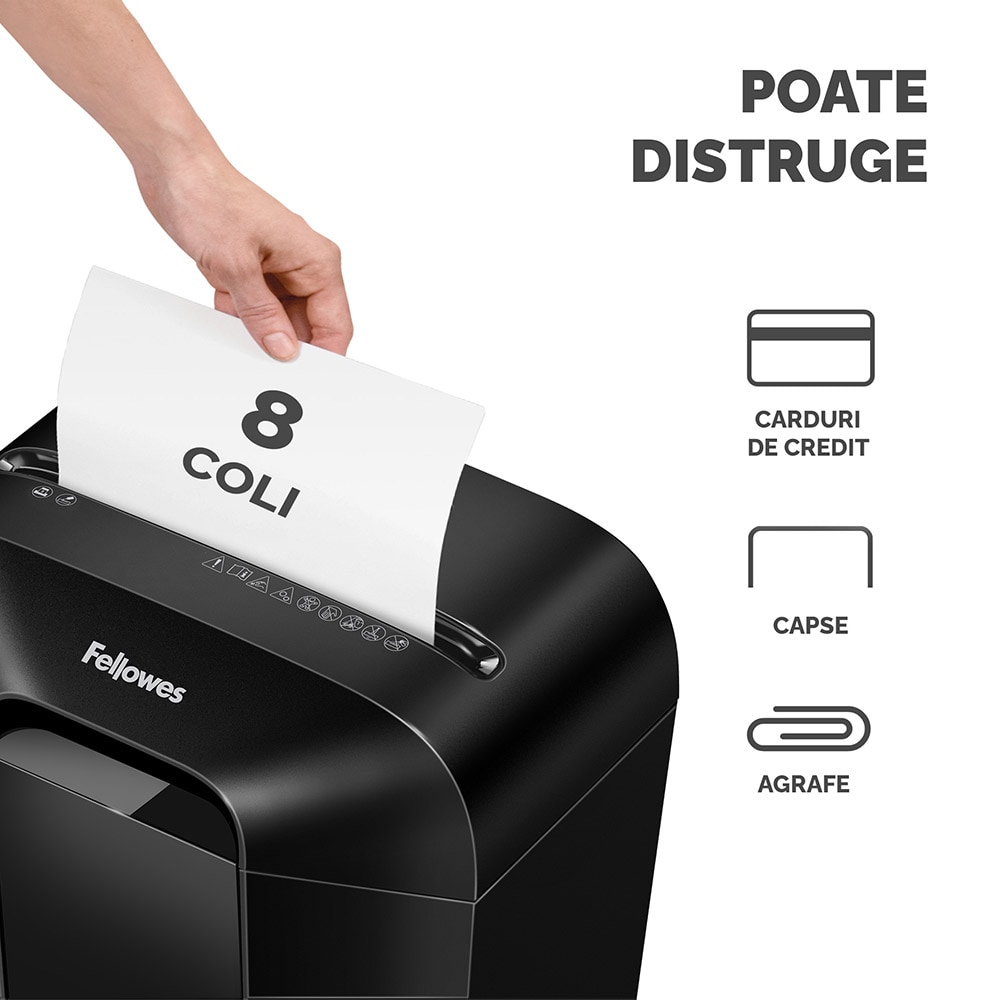 Distrugator documente manual FELLOWES LX45, 8 coli, 17l, Cross-Cut, negru