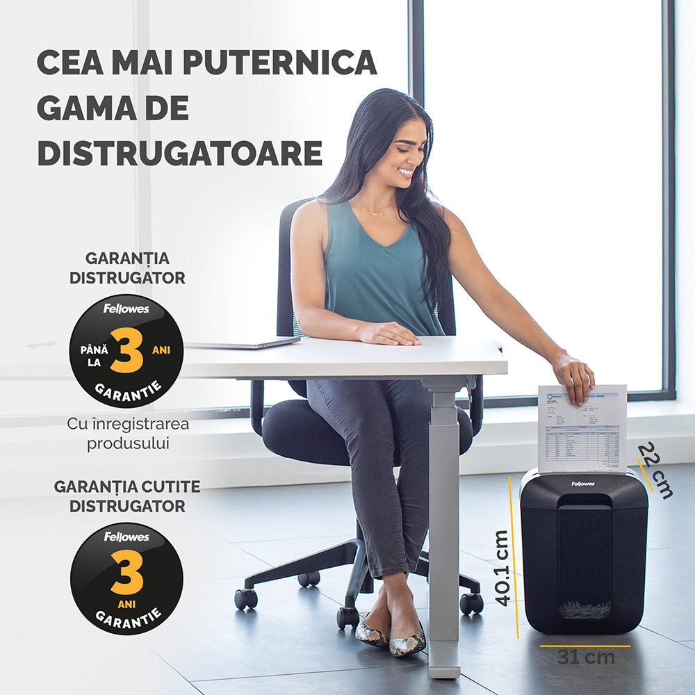 Distrugator documente manual FELLOWES LX45, 8 coli, 17l, Cross-Cut, negru