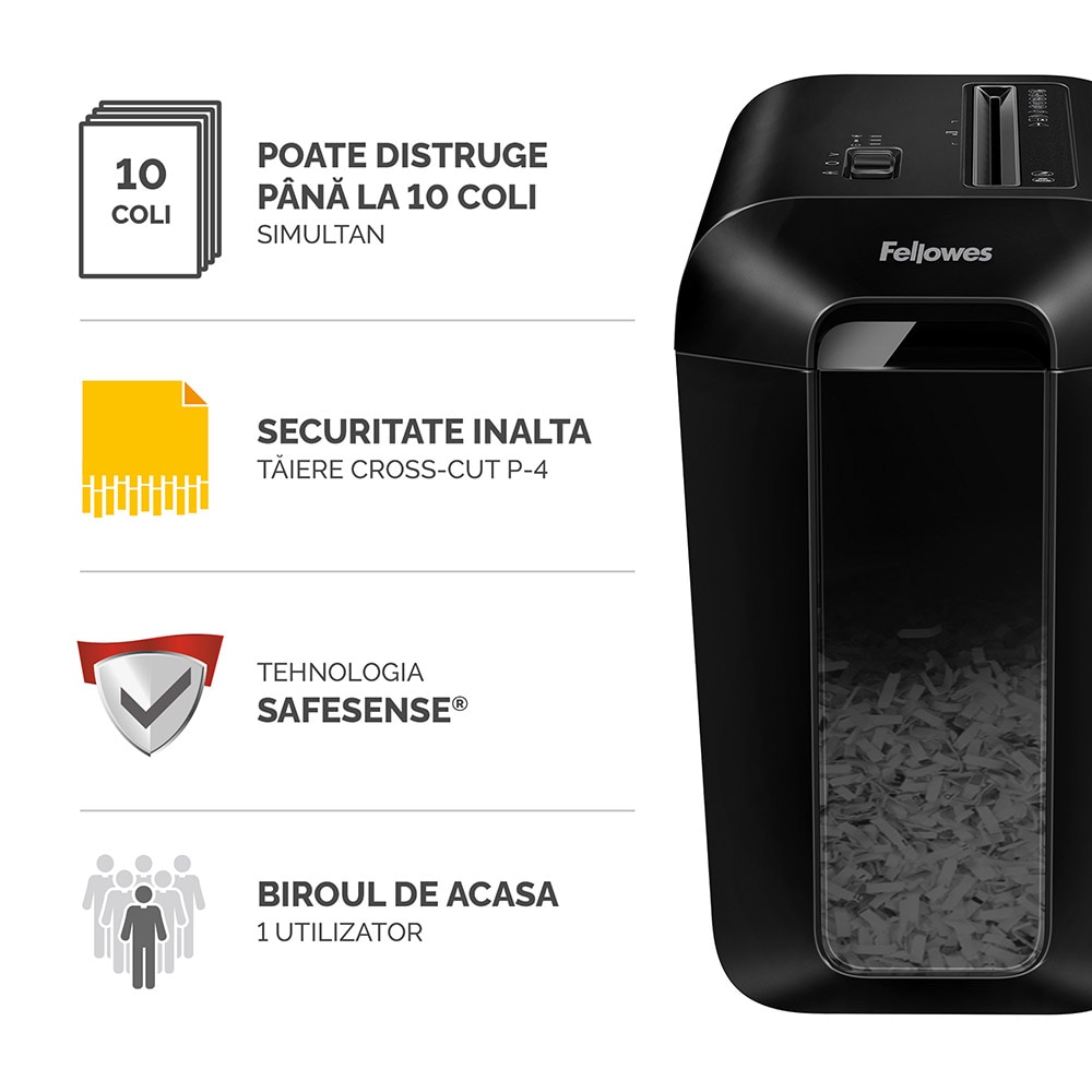 Distrugator documente manual FELLOWES LX65, 10 coli, 22l, Cross-Cut, negru