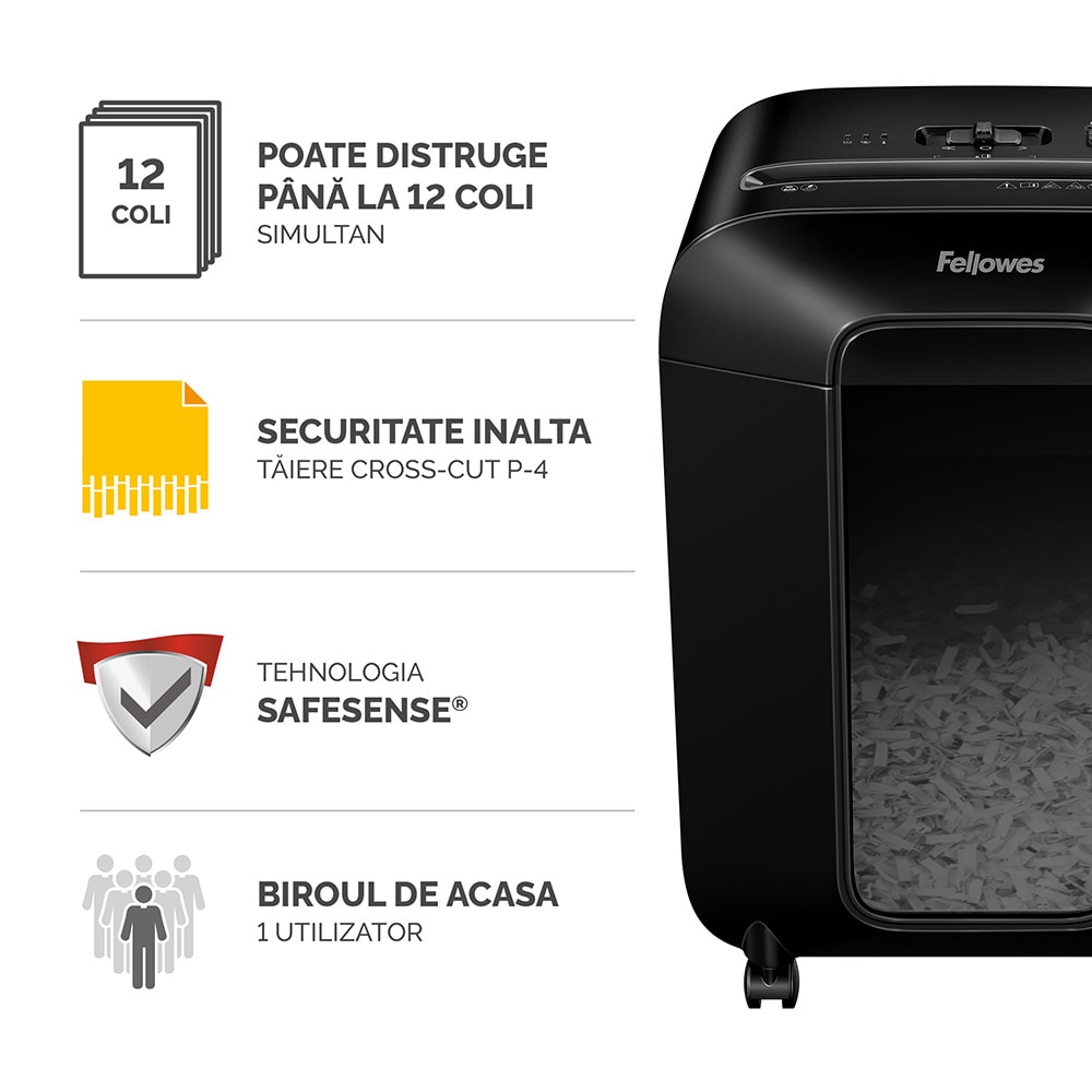 Distrugator documente manual FELLOWES LX85, 12 coli, 19l, Cross-Cut, negru