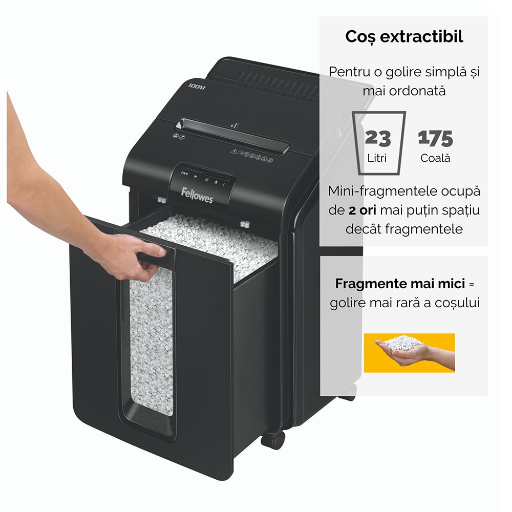 Distrugator documente automat FELLOWES AutoMax 100M, 100 coli, 23l, Micro-Cut, negru