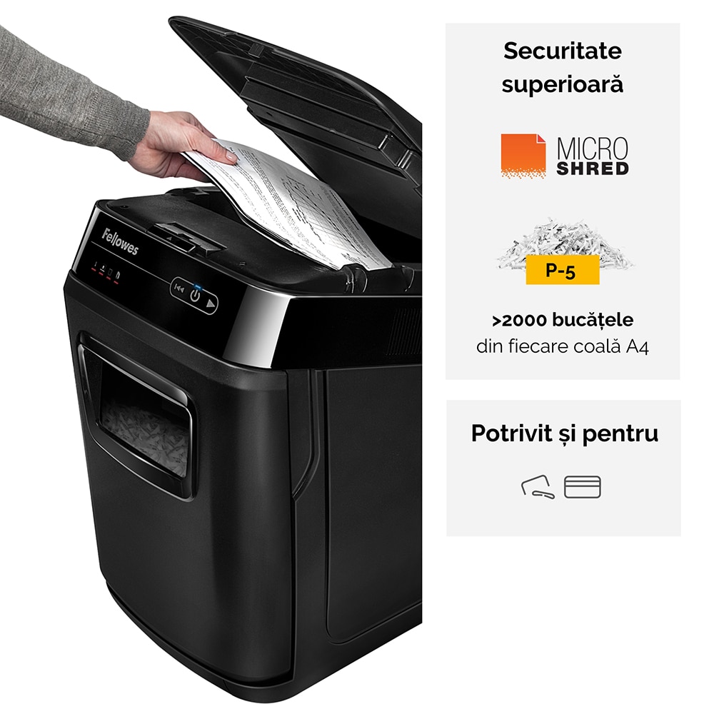 Distrugator documente automat FELLOWES 200M,  200 coli, 32l, Micro-Cut, negru
