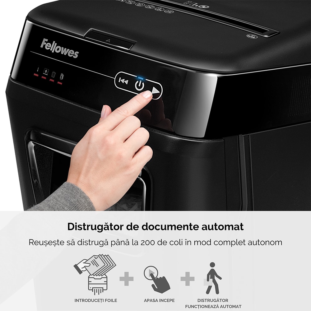 Distrugator documente automat FELLOWES 200M,  200 coli, 32l, Micro-Cut, negru