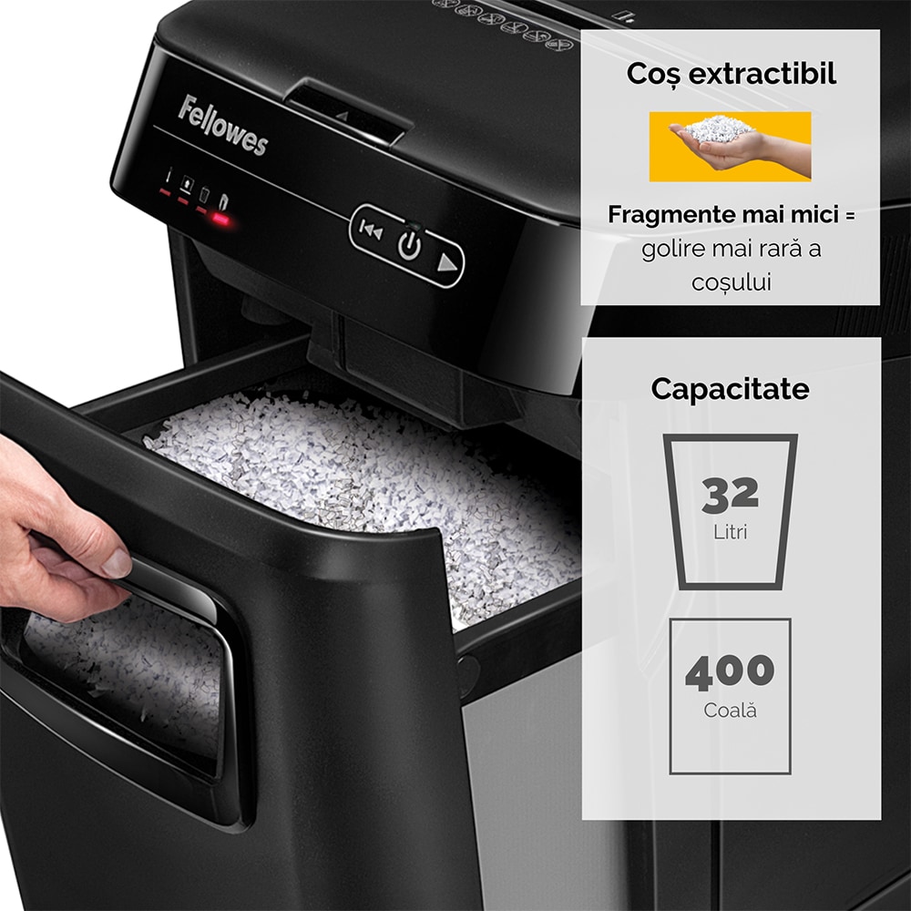 Distrugator documente automat FELLOWES 200M,  200 coli, 32l, Micro-Cut, negru