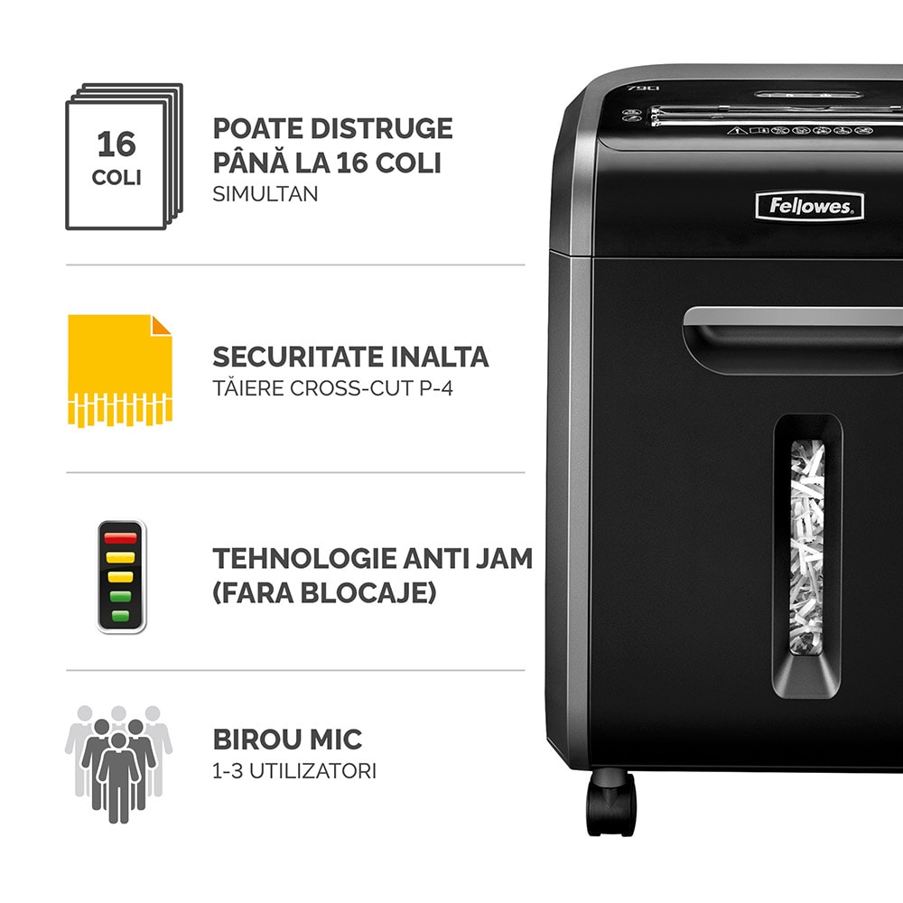 Distrugator documente manual FELLOWES 79Ci, 14 coli, 23l, Cross-Cut, negru-argintiu